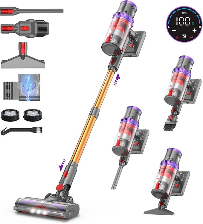 Aspirapolvere senza fili Coovy SU7 580W, 55000Pa, 75 min, LED touch, ideale per peli e tappeti.